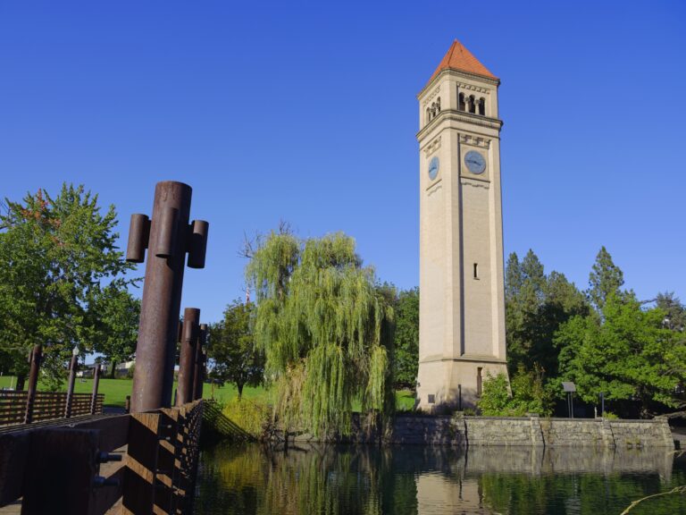 A daytime photo of the famous clock tower in downtown Spokane, Washington.